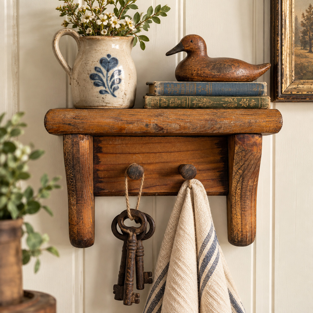 Solid Wood Wall Decor Shelf 7" Long Peg Hooks Rack Rustic Country Farmhouse